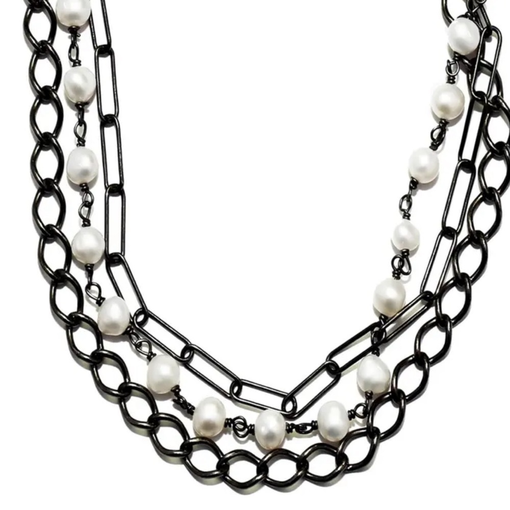 Messy Layered Pearl Necklace Gunmetal Black Rhodium Plated Sterling Silver